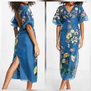 ASOS EDITION sz 6 floral embroidered cutout organza midi dress steel blue